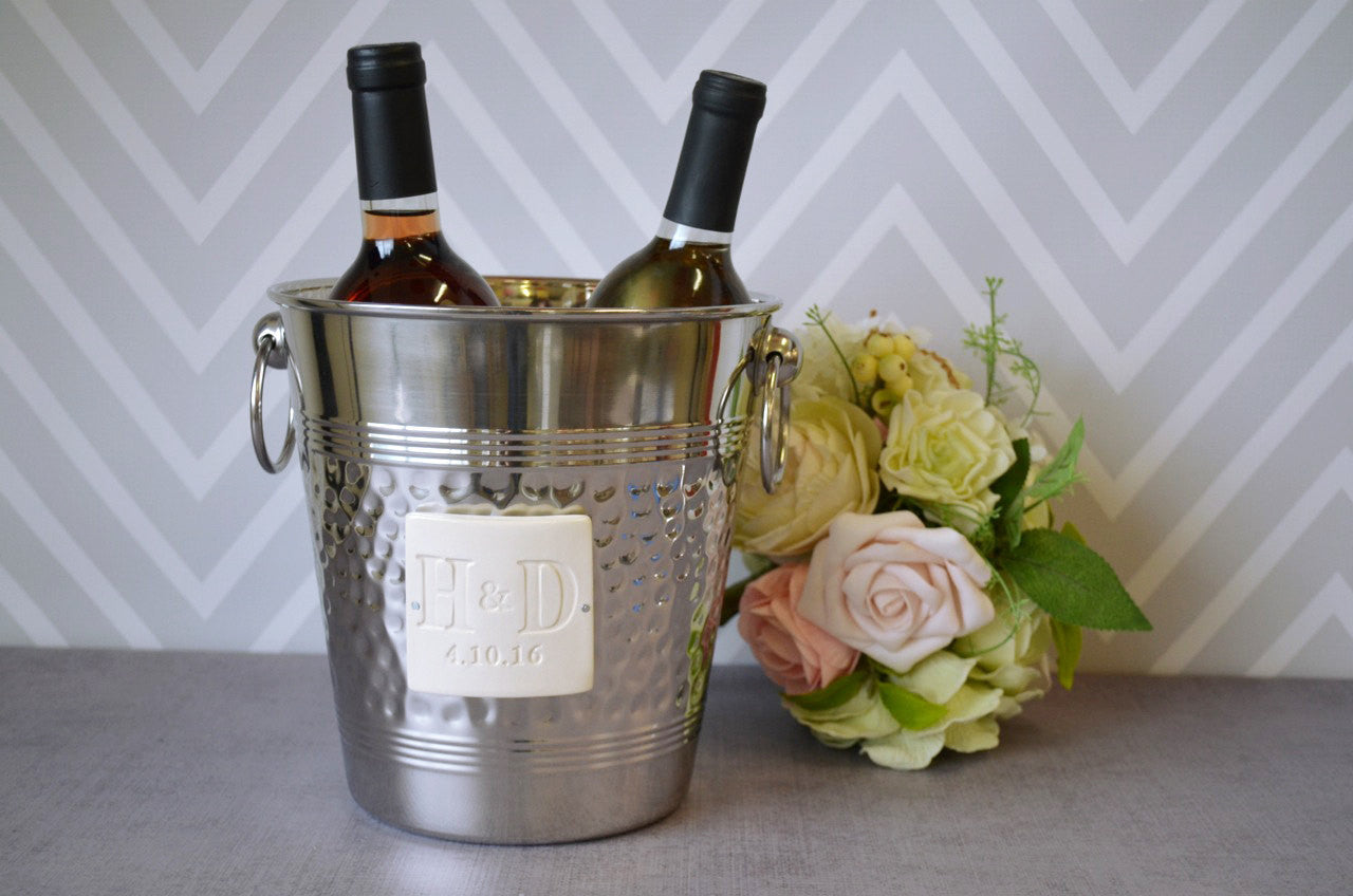 Hammered Stainless Steel Wine Bucket with Painted Initials - Personalized Wedding Gift