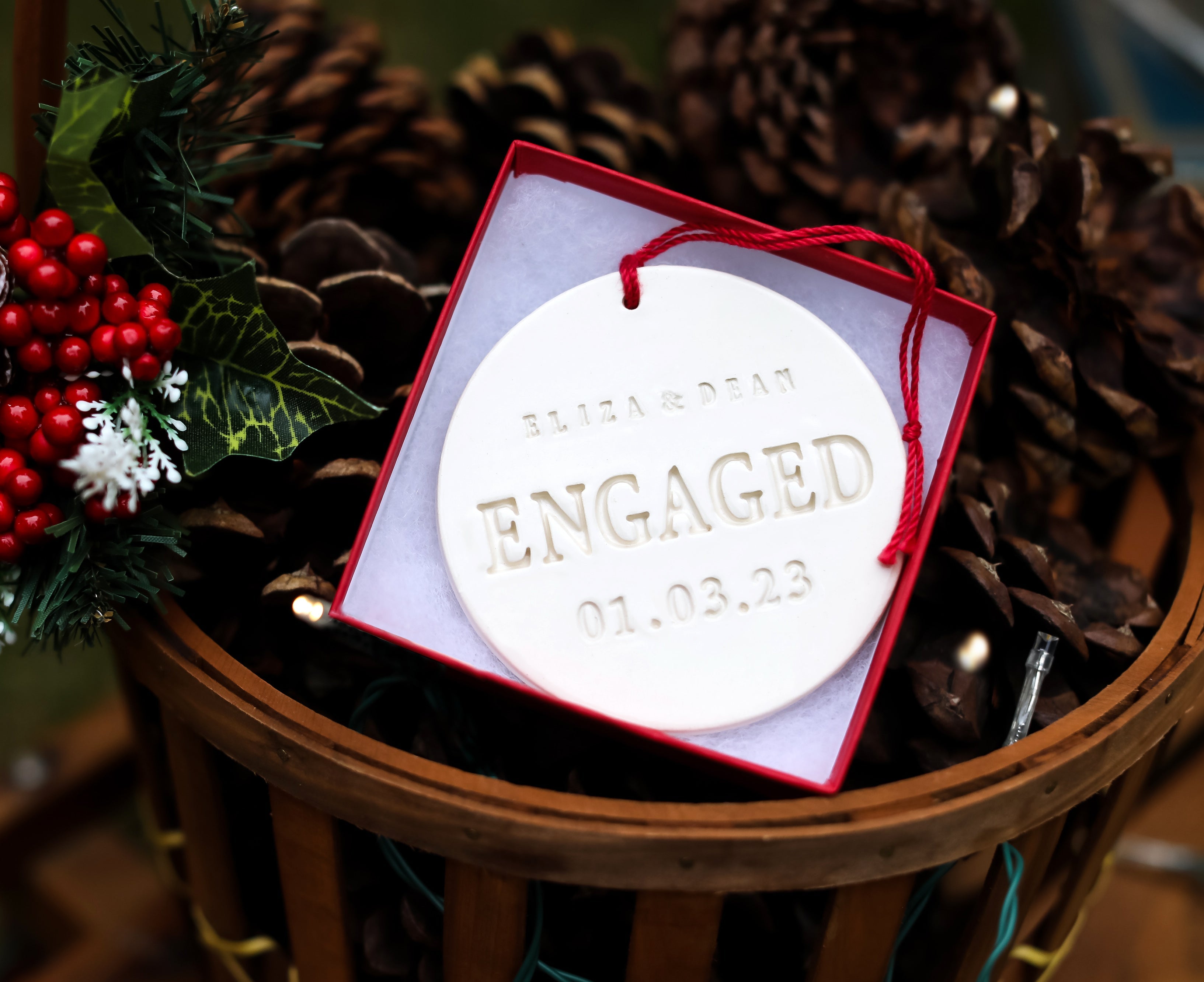 Handmade "ENGAGED" Ornament - Names & Date