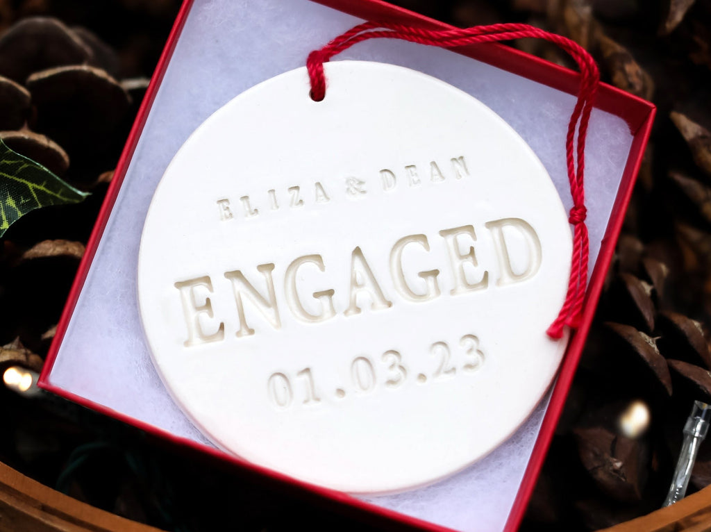 Custom, handmade Engaged ornament with name and date