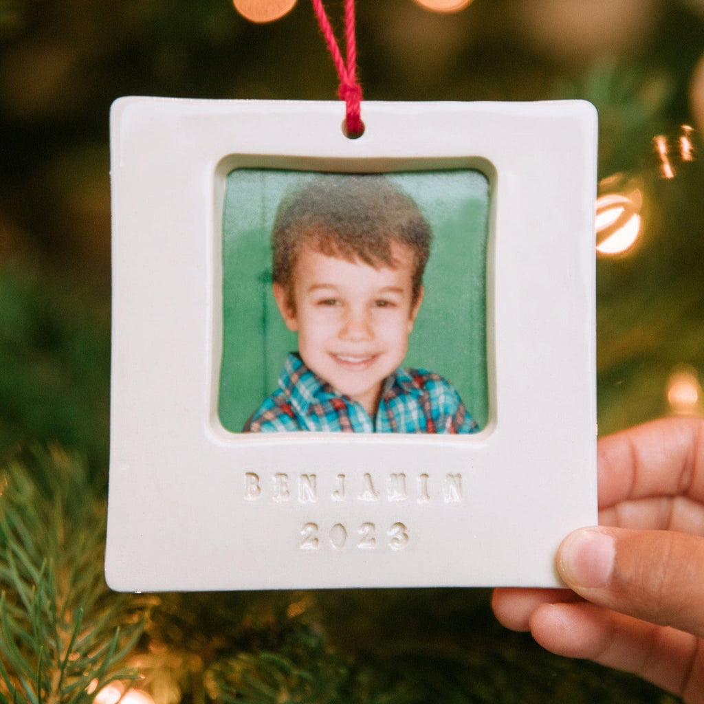 Personalized Photo Frame Ornament - Square Ceramic Frame with Custom Text