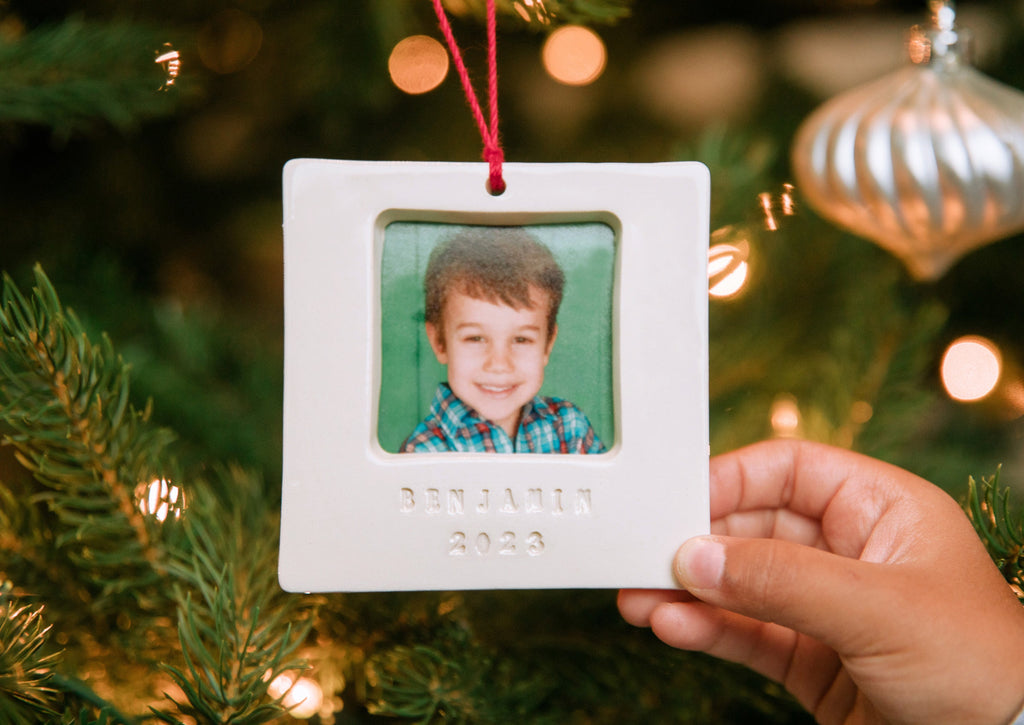 Personalized Photo Frame Ornament - Square Ceramic Frame with Custom Text