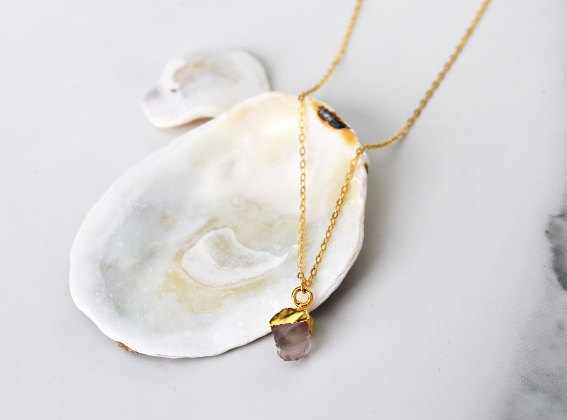 Rose Quartz Raw Birthstone Necklace, October Birthstone Necklace, Bridesmaid Gift, Layering Necklace. Healing Crystal Necklace
