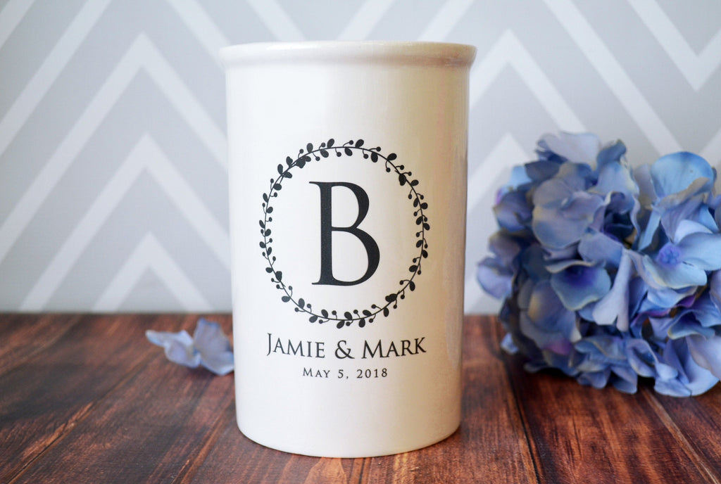 Personalized Ceramic Vase or Utensil Holder - Wreath Design - Wedding, Anniversary or Engagement Gift