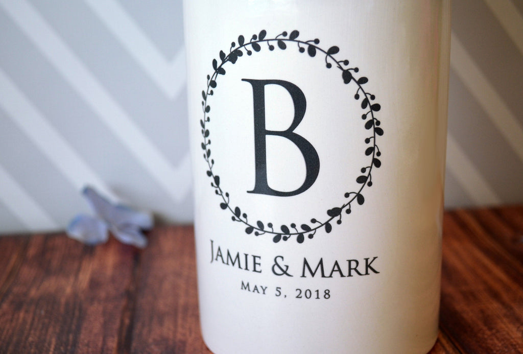 Personalized Ceramic Vase or Utensil Holder - Wreath Design - Wedding, Anniversary or Engagement Gift