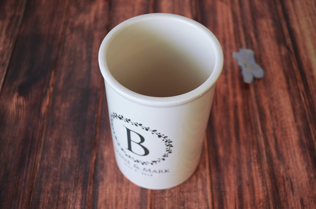 Personalized Ceramic Vase or Utensil Holder - Wreath Design - Wedding, Anniversary or Engagement Gift