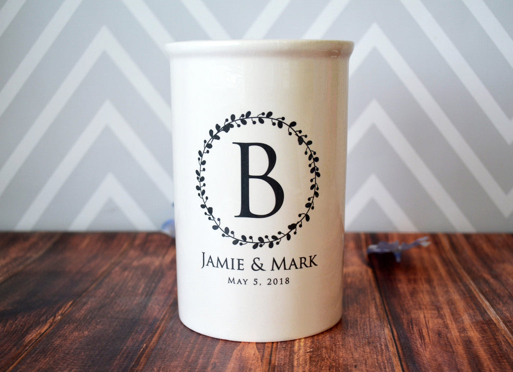 Personalized Ceramic Vase or Utensil Holder - Wreath Design - Wedding, Anniversary or Engagement Gift