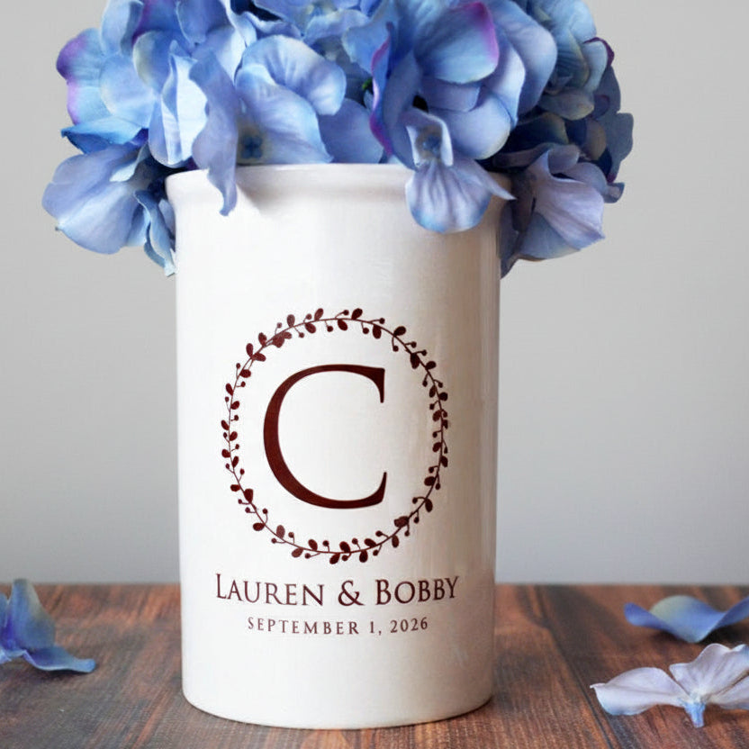 Personalized Ceramic Vase or Utensil Holder - Wreath Design - Wedding, Anniversary or Engagement Gift