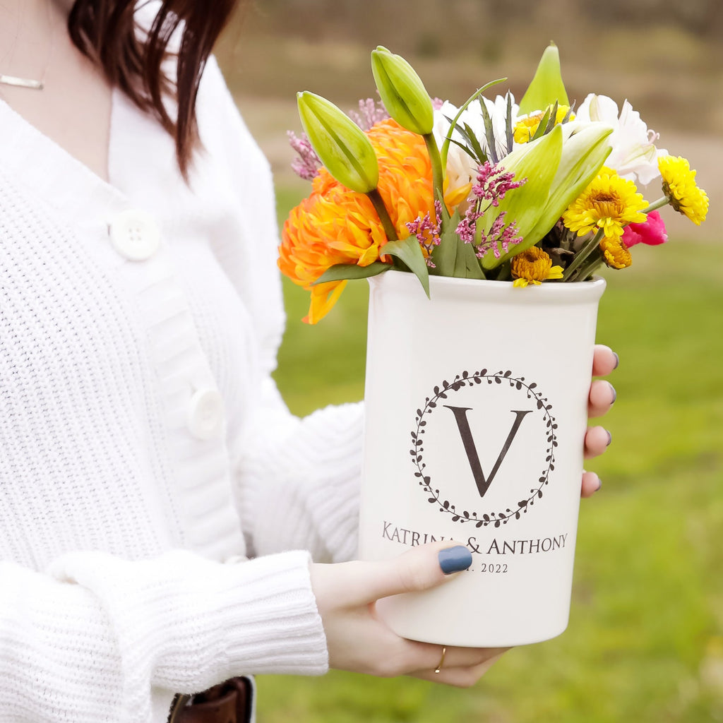 Personalized Ceramic Vase or Utensil Holder - Wreath Design - Wedding, Anniversary or Engagement Gift