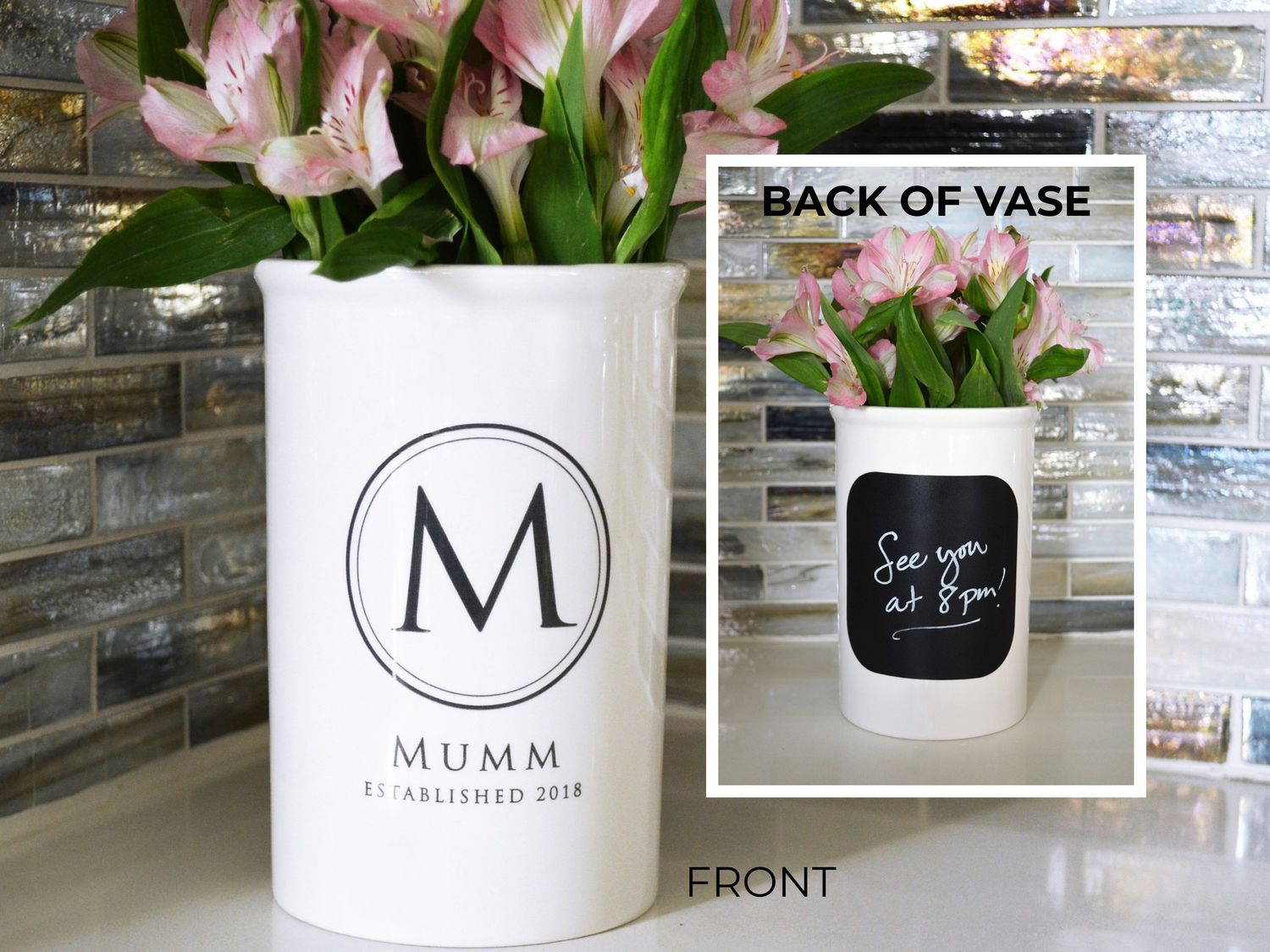 White vase personalized with last name and initial, with a close-up of the back showing text.